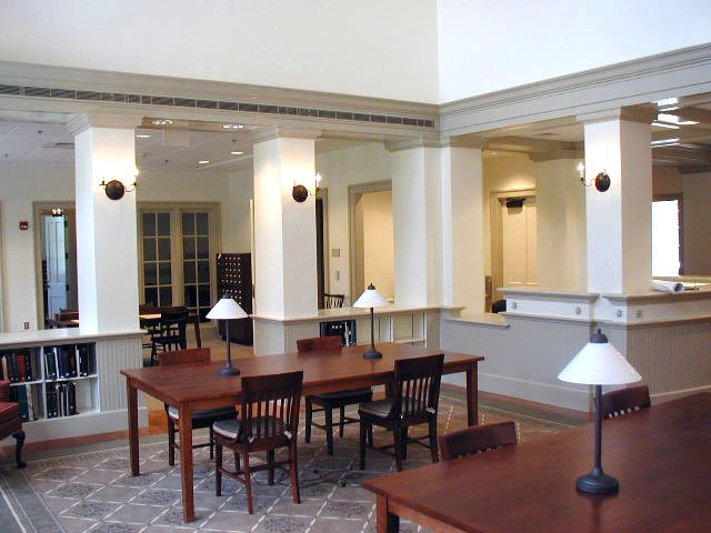 Ample table space is provided for researchers in the Reading Room of the Davis Center.