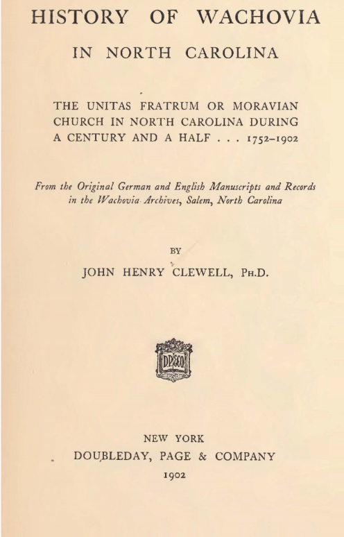 Title page of John Henry Clewell, History of Wahovia in North Carolina