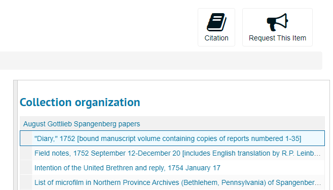 Screenshot depicting the "Request This Item" button that appears after clicking on a file in the August Gottlieb Spangenberg papers.